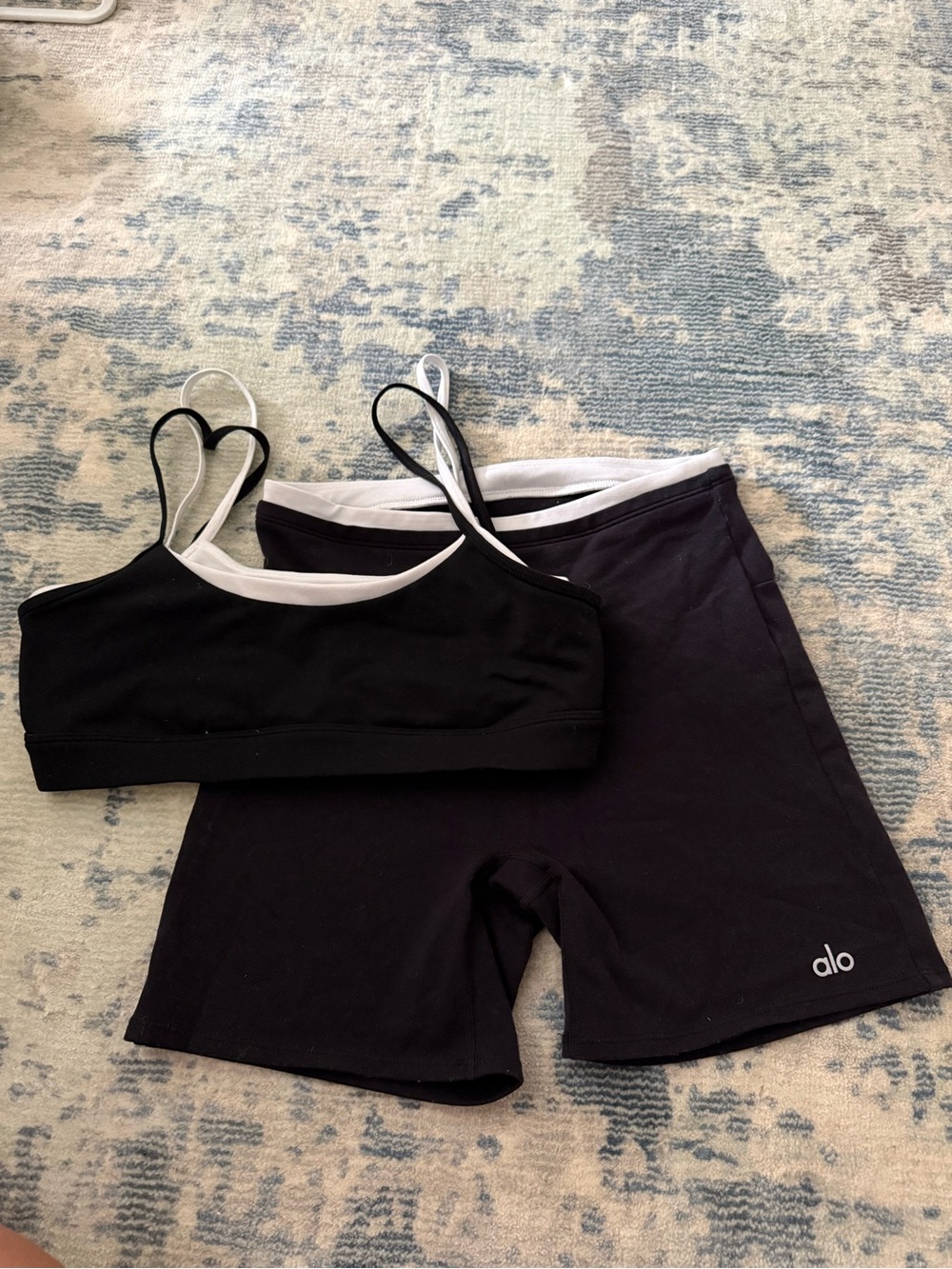 ALO Yoga Black Sports Bra and Bike Shorts with White Trim